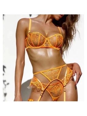 HONEY BIRDETTE GABRIELLE Mango Orange Lace Lingerie Set. Bra, thong, brief.